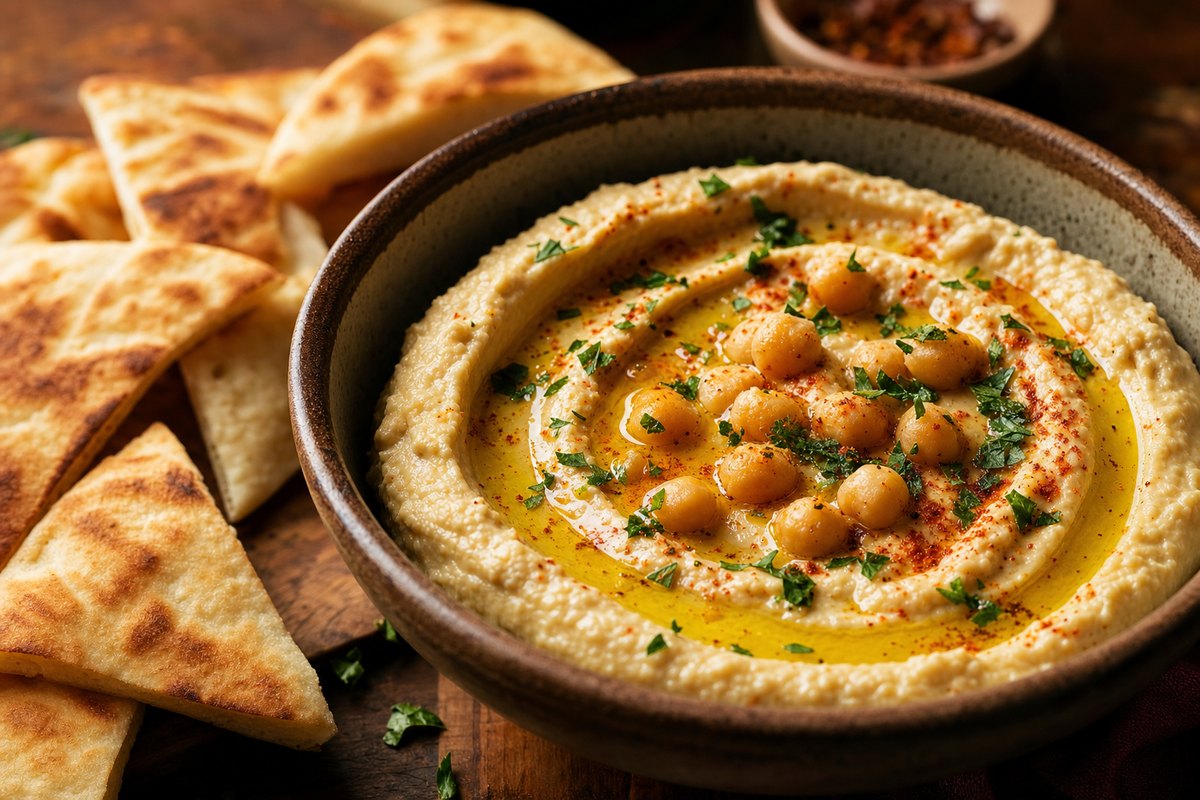 Hummus drizzled with olive oil and chickpeas