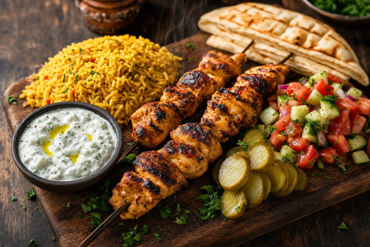 Chicken shawarma platter with grilled skewers, rice and salad
